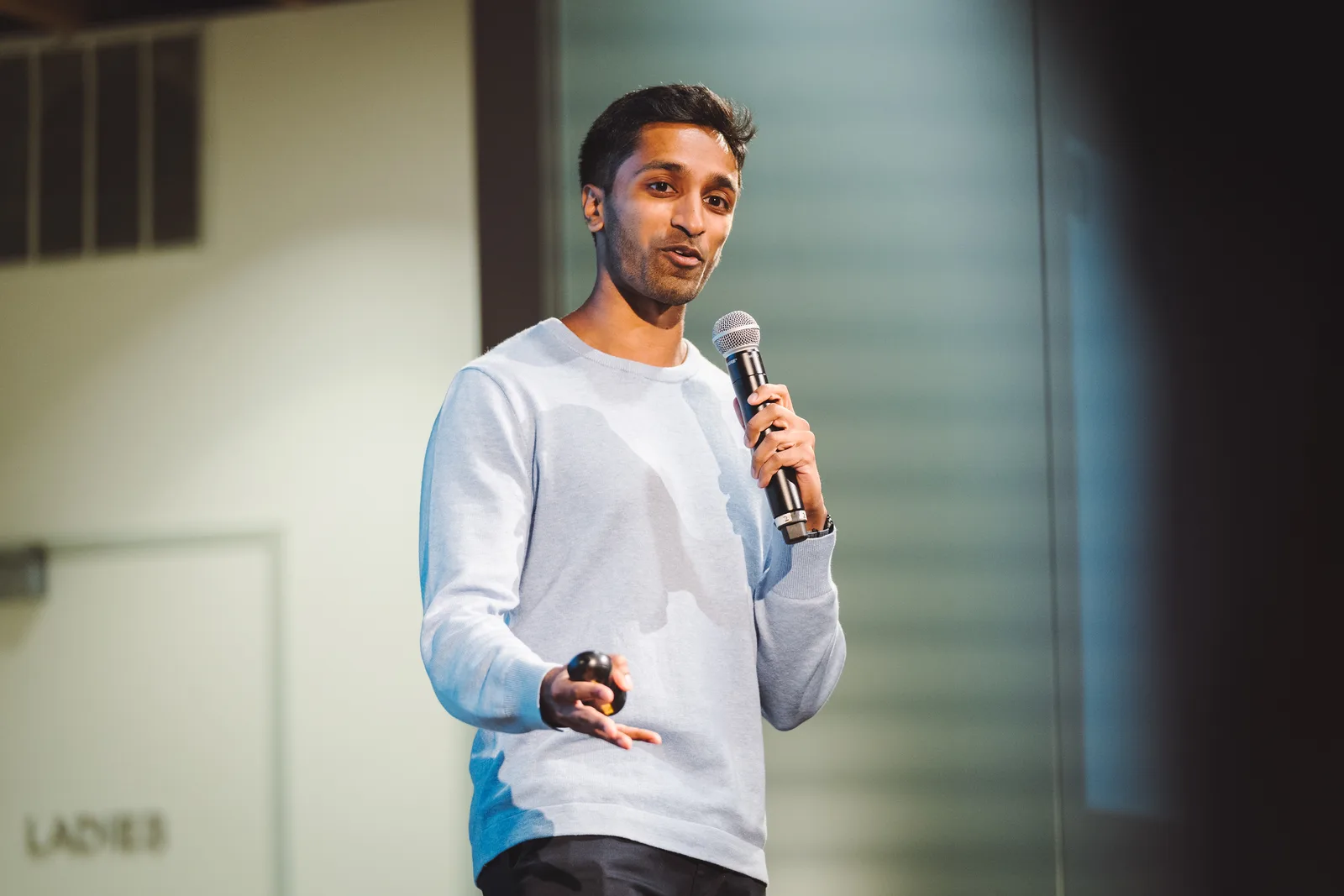 A founder speaking during Launchpad demo day